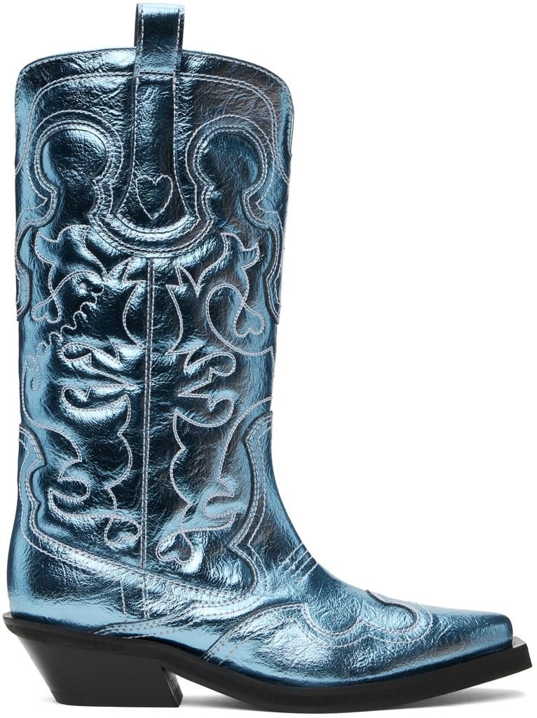 【関税込み】Mid Shaft Western Boots - Ganni - Synthetic - Si Black/Black Black Mid Shaft Embroidered Western Boots | GANNI US