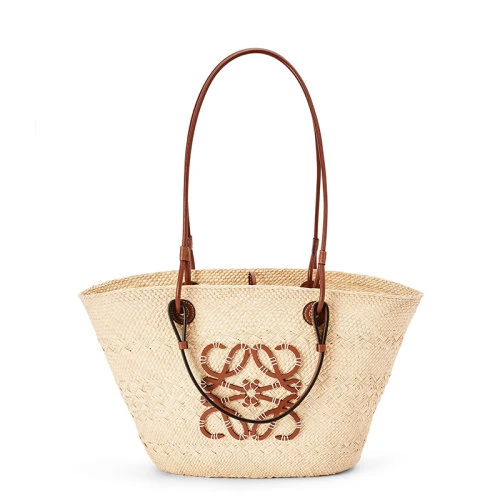 商品Loewe|【包税】LOEWE/罗意威 Basket系列 女士原色/棕褐色棕榈纤维配牛皮革徽标压纹贴片单肩手提包A223T43X02-2435,价格¥7390,第1张图片