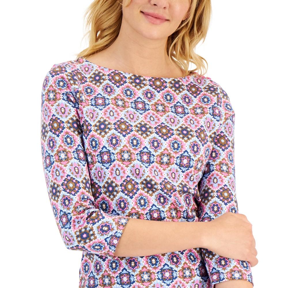 Petite Cotton Marleen Tile-Print 3/4-Sleeve T-Shirt, Created for Macy's商品第3张图片规格展示