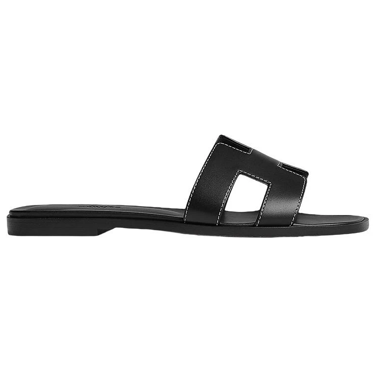 商品[国内直发] Hermes|爱马仕 Oran 头层牛皮 小牛皮 经典“H”鞋面 一字拖鞋 女款 黑色,价格¥5886,第3张图片详细描述