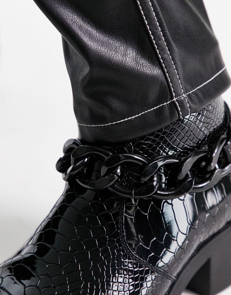 ASOS DESIGN cuban chelsea boot in black patent lizard faux leather with black chain商品第3张图片规格展示