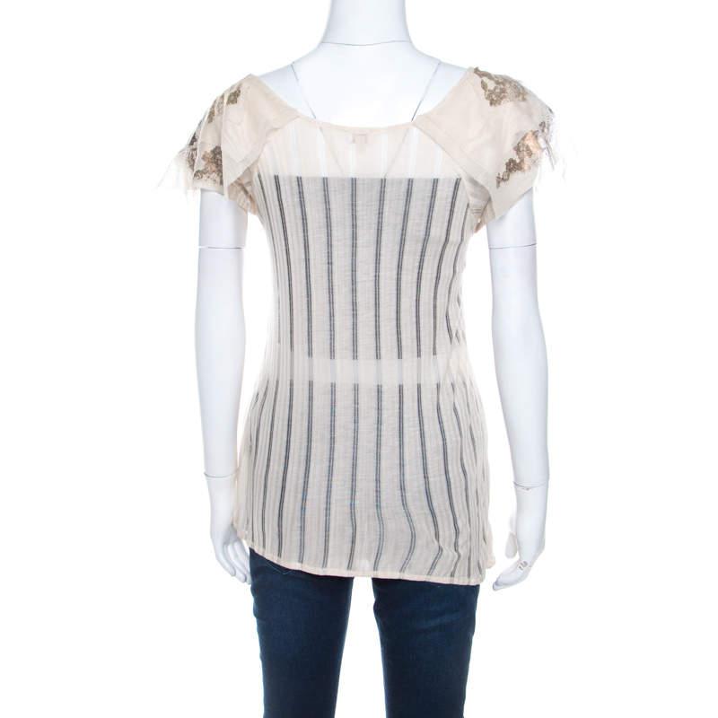 Kenzo Buttercream Foil Print Striped Knit Layered Tulle Sleeve Top XL商品第3张图片规格展示