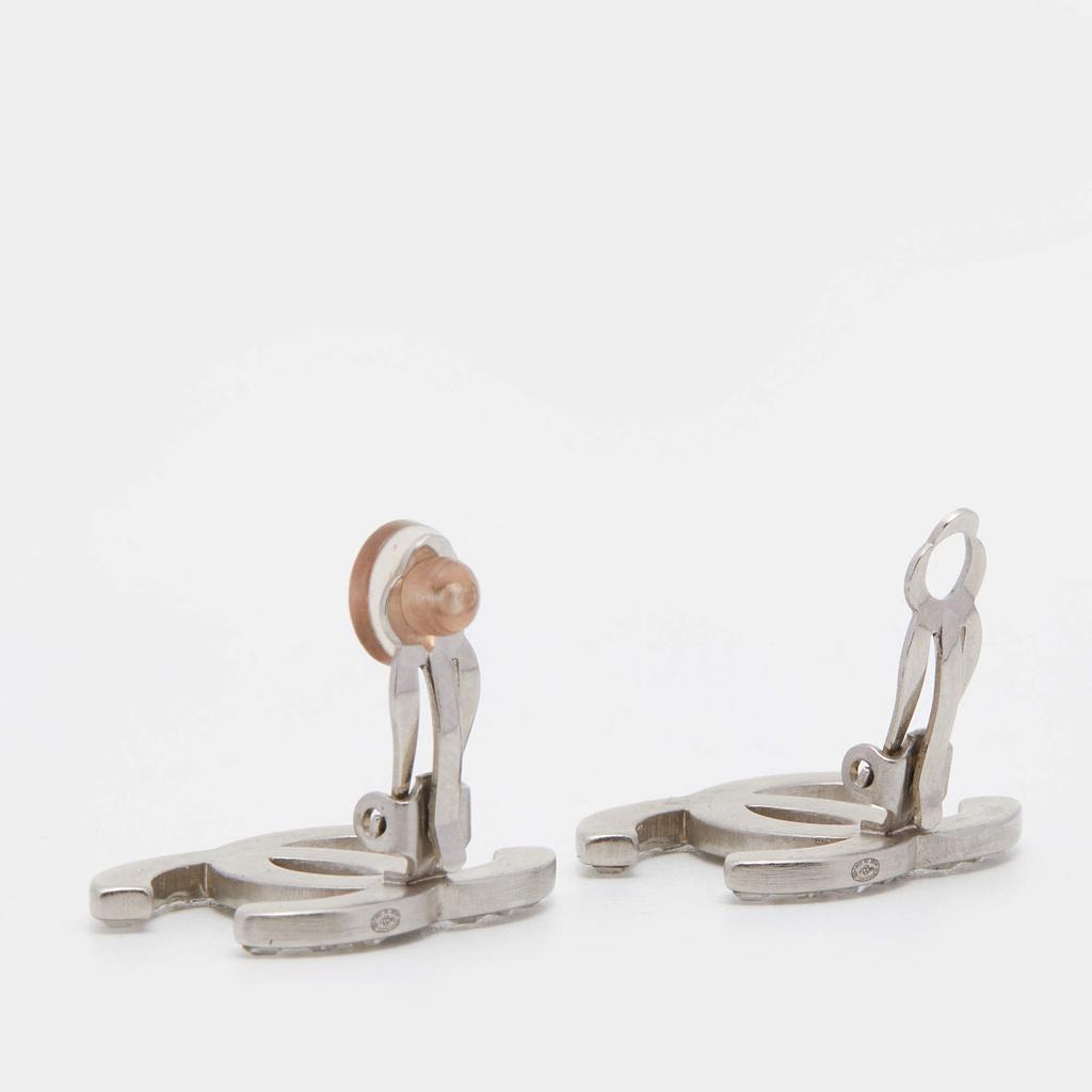 Chanel Silver Tone Baguette Crystal CC Clip On Earrings商品第4张图片规格展示