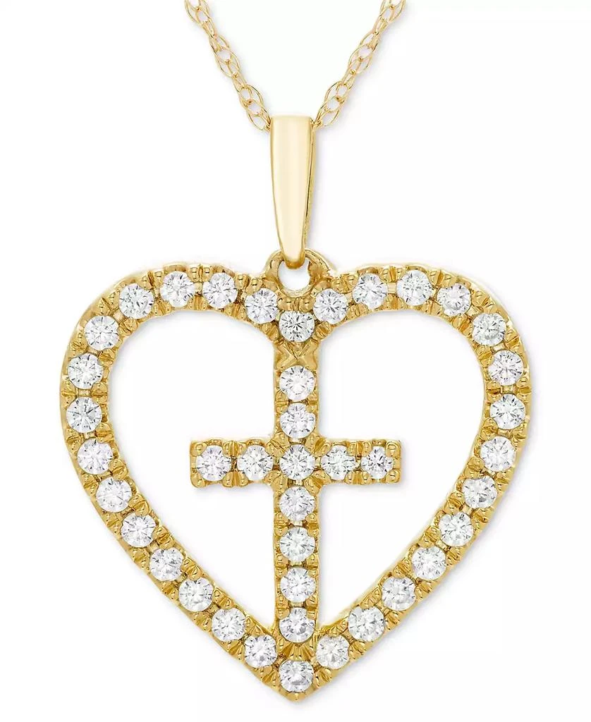 商品Macy's|Diamond Heart Cross 18" Pendant Necklace (1/3 ct. t.w.) in 14k Gold,价格¥5986,第1张图片