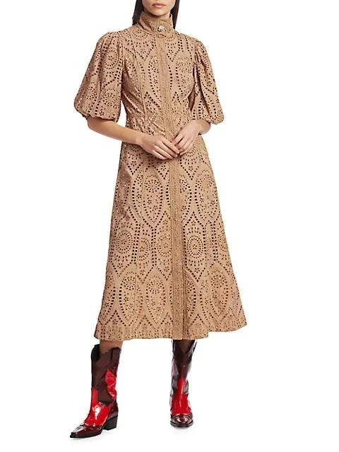 商品Ganni|Broderie Anglasie Jeweled Button Midi Dress,价格¥1073,第3张图片详细描述