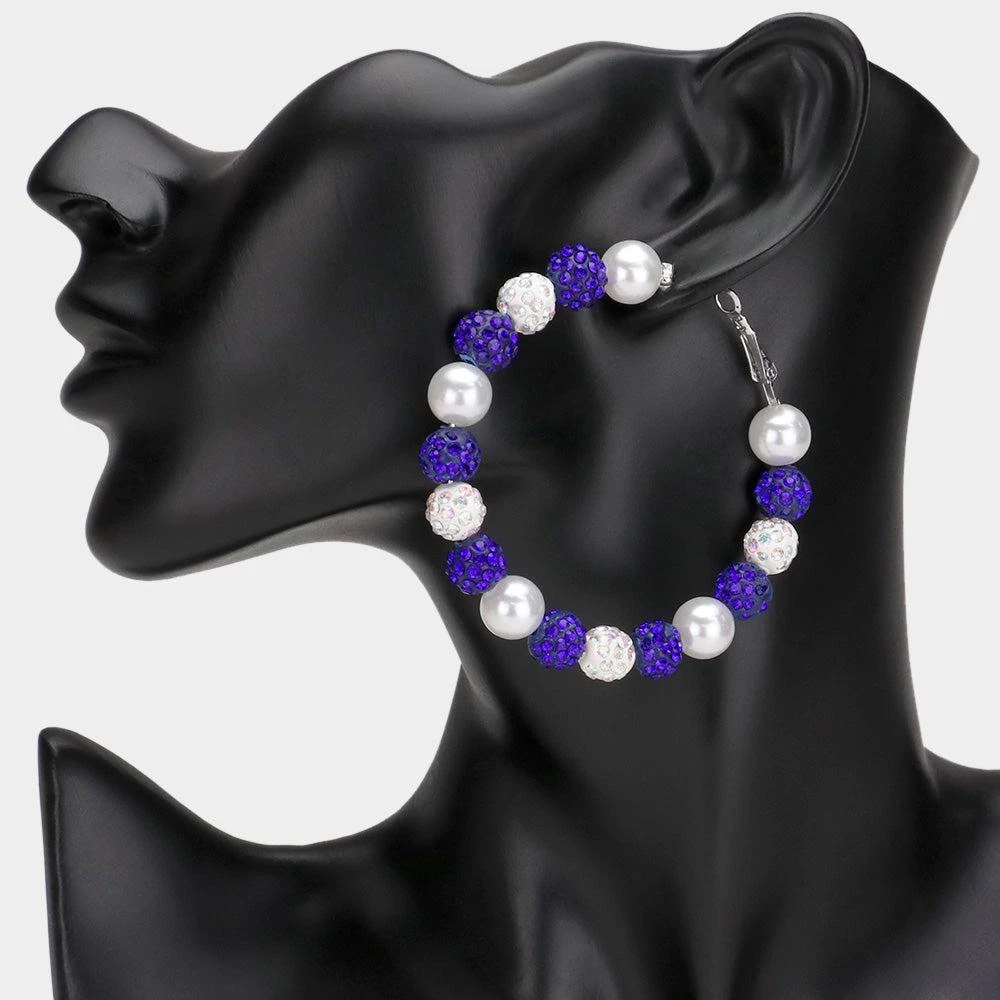 商品FASHNZFAB|Pearl Shamballa Ball Beaded Hoop Earrings - Blue,价格¥186,第1张图片详细描述