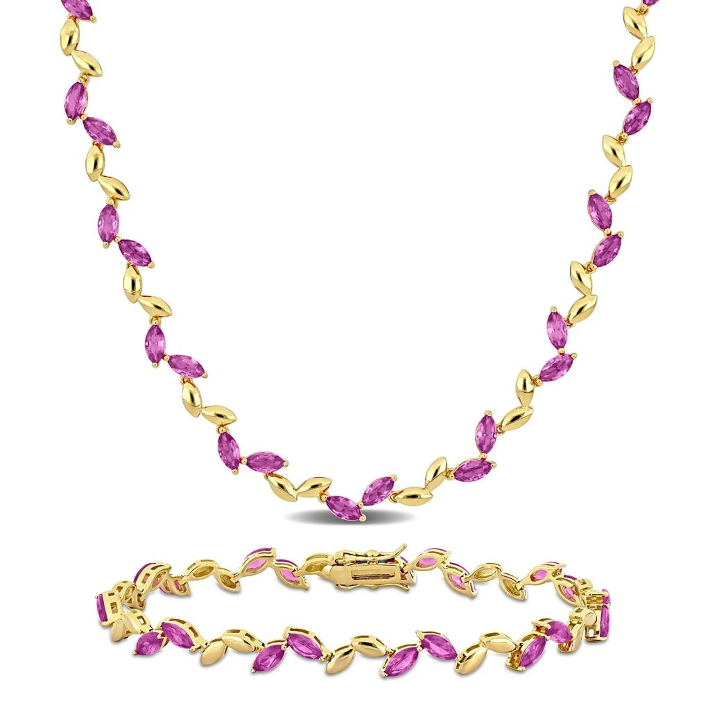 商品Mimi & Max|29 7/8ct TGW Created Pink Sapphire Leaf Necklace Bracelet Yellow Plated Sterling Silver,价格¥1302,第1张图片