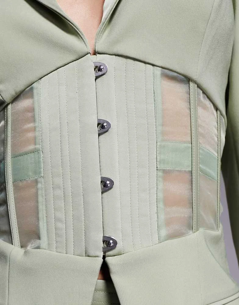 商品Lavish Alice|Lavish Alice sheer satin mix corset blazer co-ord in sage green,价格¥1302,第2张图片详细描述