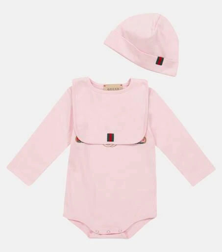 商品Gucci|Baby品牌标识棉质连体紧身衣、帽子与围兜套装,价格¥2803,第2张图片详细描述