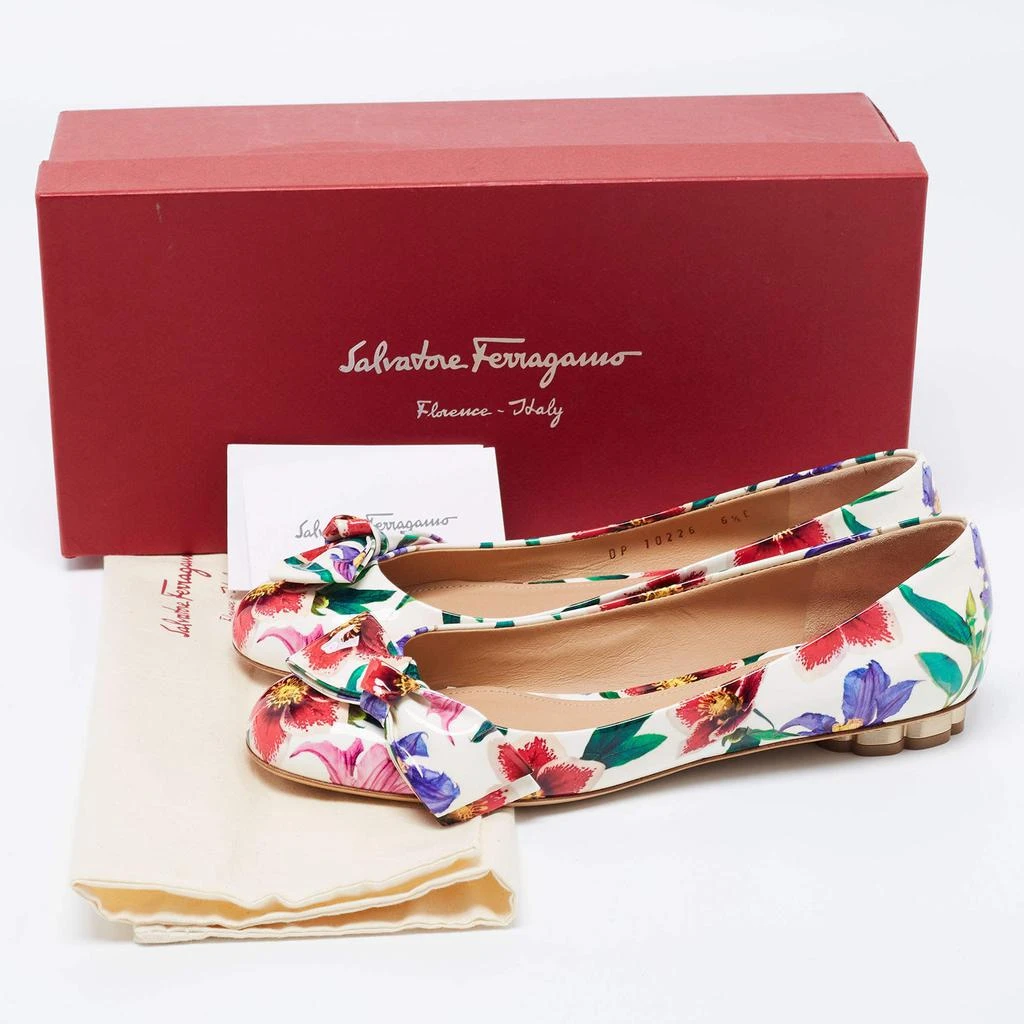 Salvatore Ferragamo White Floral Print Patent Leather Avola Bow Ballet Flats Size 37 商品