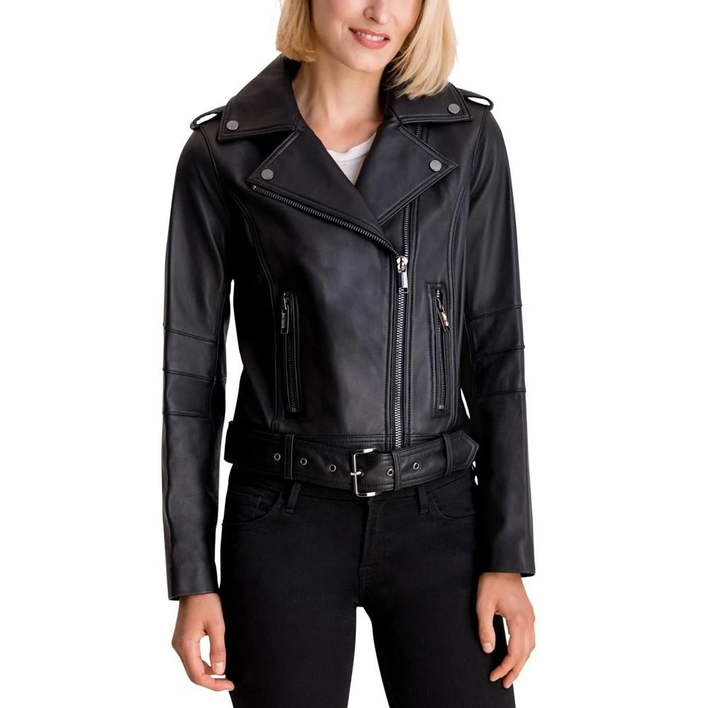 商品Michael Kors|Women's Petite Belted Leather Moto Jacket,价格¥2749,第1张图片