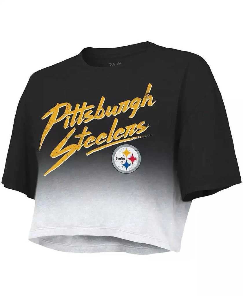 商品Majestic|Women's Threads Chase Claypool Black, White Pittsburgh Steelers Drip-Dye Player Name and Number Tri-Blend Crop T-shirt,价格¥328,第2张图片详细描述