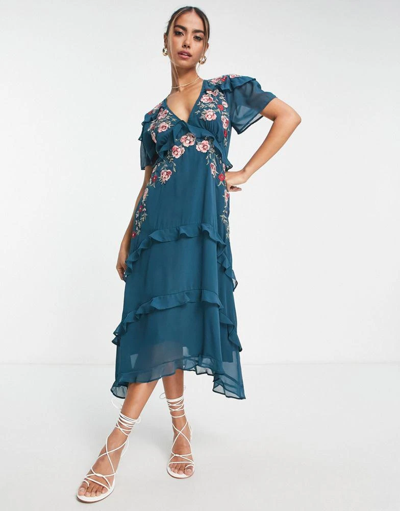 商品Hope & Ivy|Hope & Ivy embroidered ruffle midi dress in emerald,价格¥839,第1张图片
