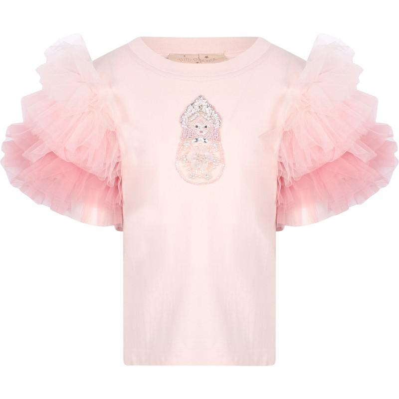 Matryoshka embellishment ruffled tulle sleeves top and hampton mesh skirt set in pink商品第2张图片规格展示