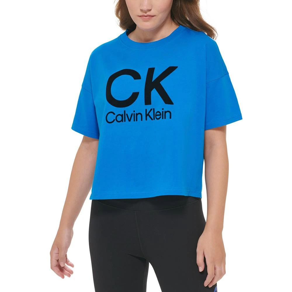 商品Calvin Klein|Women's Stacked Flocking Logo-Print Cotton T-Shirt,价格¥189,第2张图片详细描述