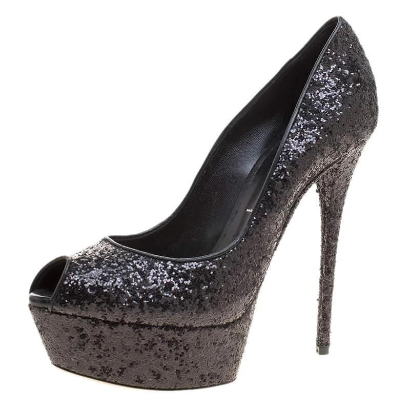 商品[二手商品] CASADEI|Casadei Black Glitter Peep Toe Platform Pumps Size 38.5,价格¥1263,第1张图片
