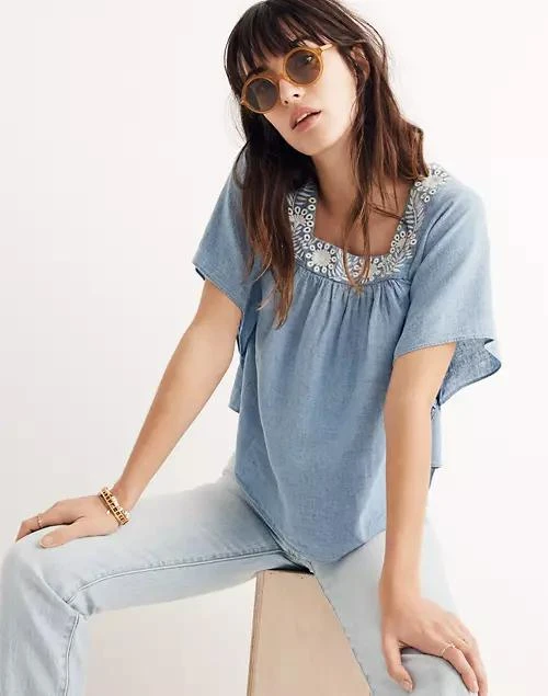 商品Madewell|Embroidered Denim Butterfly Top,价格¥396,第1张图片