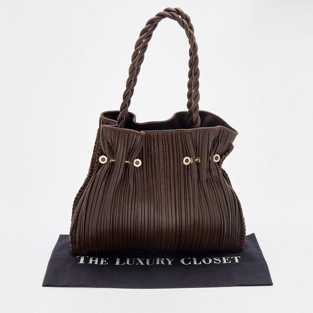 Bvlgari Brown Pleated Leather Twistino Tina Shopper Tote商品第10张图片规格展示