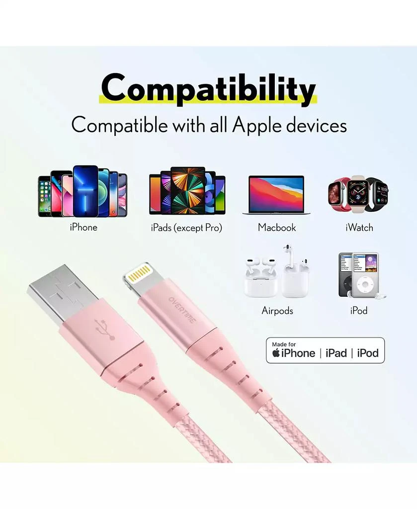 商品Overtime|Apple MFi Certified iPhone 11/XR/SE/10/8 10ft Charging Cable | USB to Lightning Cable for iPhone - Rose Gold,价格¥134,第2张图片详细描述