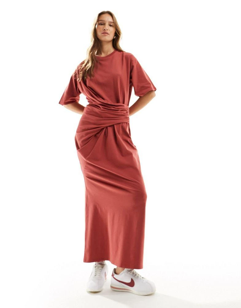 商品ASOS|ASOS DESIGN short sleeve with twist detail midi dress in terracotta,价格¥276,第1张图片