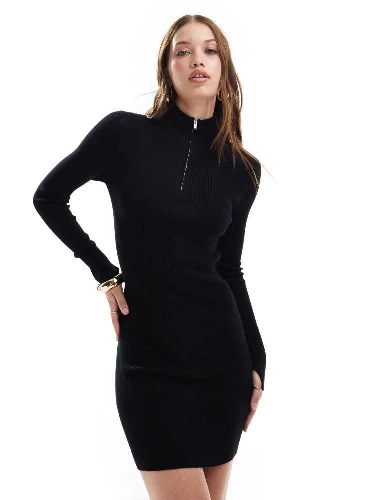商品Miss Selfridge|Miss Selfridge rib knit half zip collar detail mini dress in black,价格¥160,第1张图片