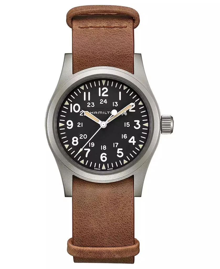 商品Hamilton|Unisex Swiss Mechanical Khaki Field Brown Leather Strap Watch 38mm,价格¥4774,第1张图片