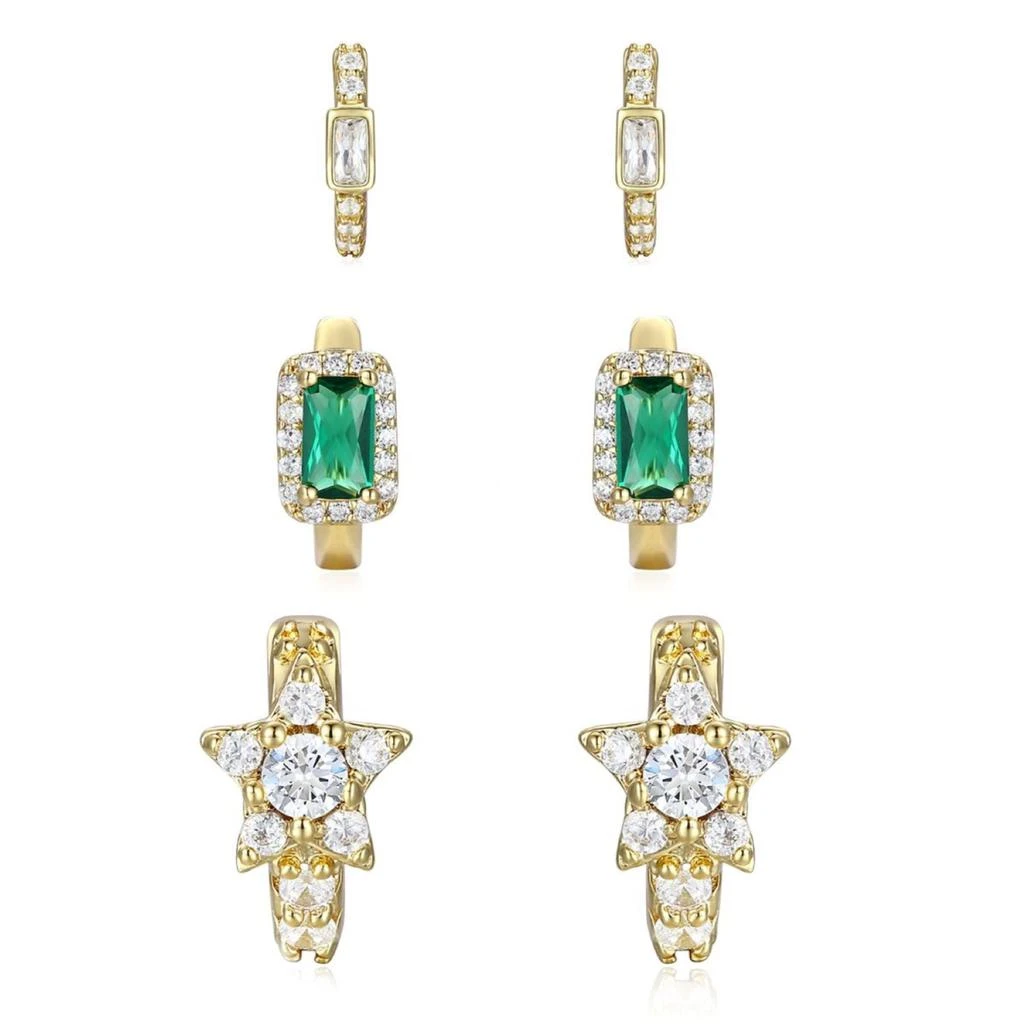 商品Genevive|Sterling Silver 14k Gold Plated With Emerald & Diamond Cubic Zirconia Halo Star 3-piece Hoop Earrings Set,价格¥633,第2张图片详细描述