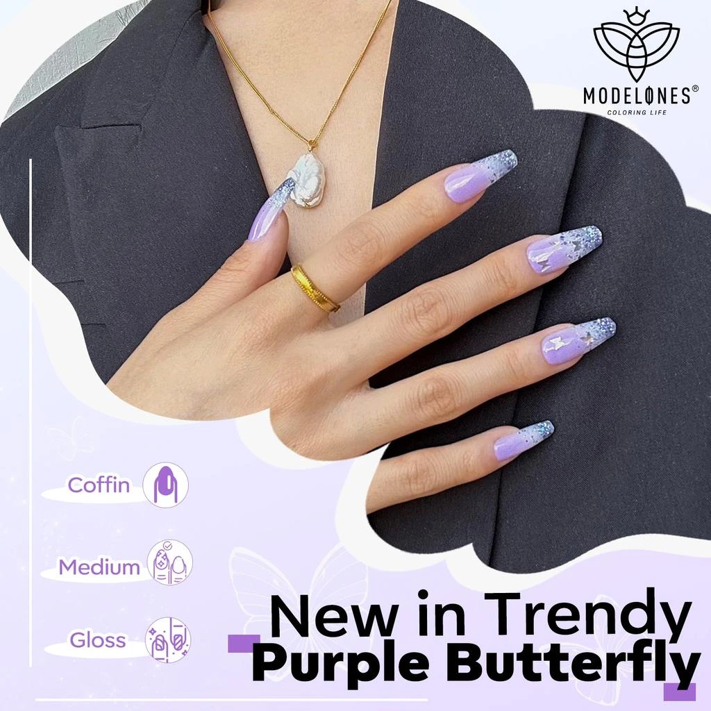 商品[国内直发] MODELONES|Purple Butterfly - 24 Fake Nails 12 Sizes Short Almond Press on Nails Kit,价格¥97,第2张图片详细描述