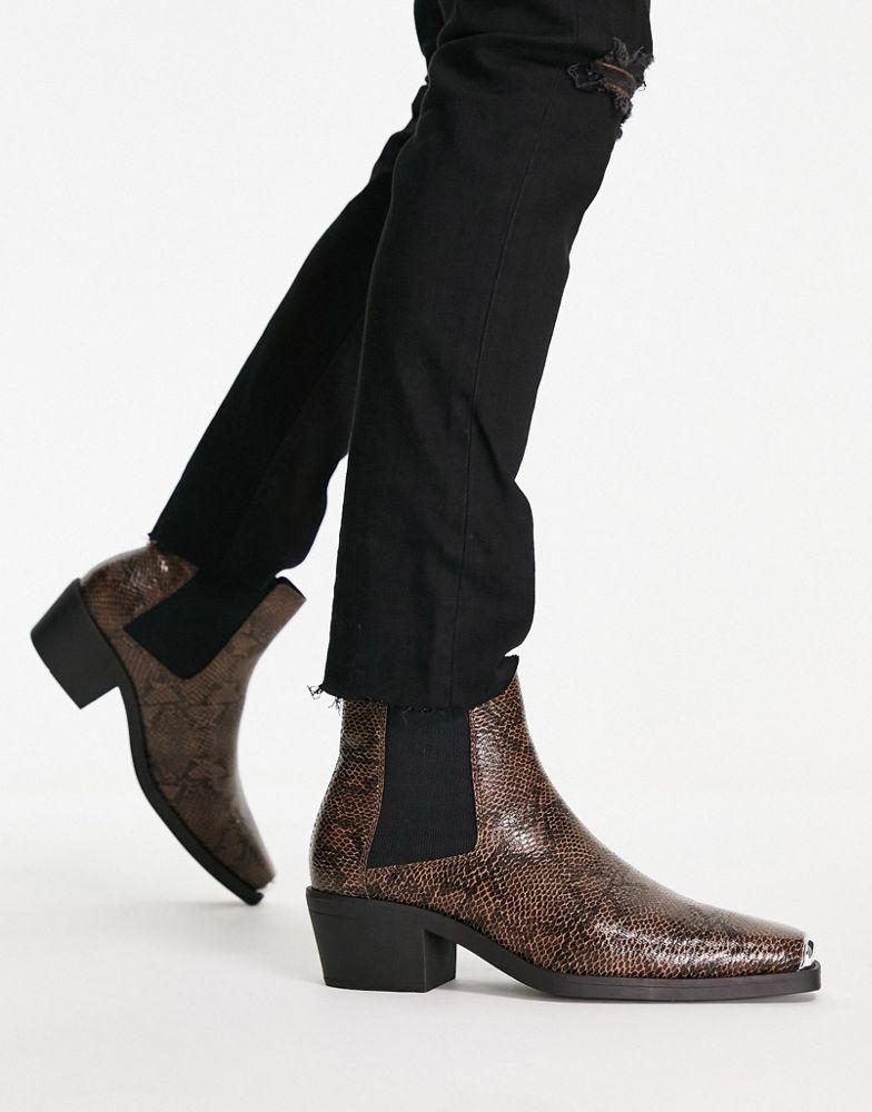 ASOS DESIGN cuban boot in faux snake print with toecap in brown商品第4张图片规格展示