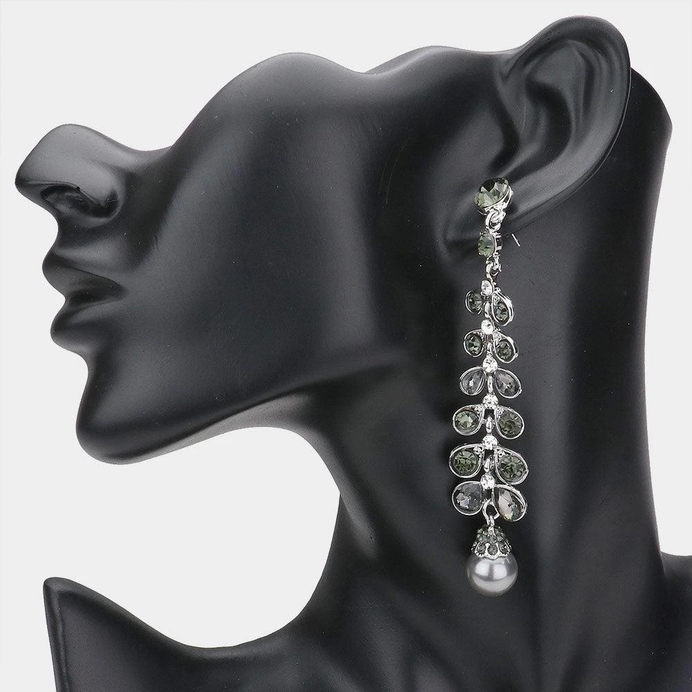 商品FASHNZFAB|Stone Embellished Leaf Pearl Link Dangle Evening Earrings - Gray,价格¥200,第1张图片详细描述