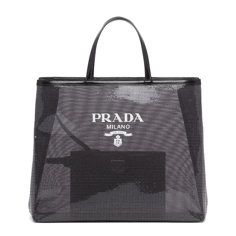 商品Prada|【预售3-7天】普拉达 21年秋冬 女士黑色织物材质皮革提手附可拆卸皮革拉链式小袋亮片装饰网眼手提托特包1BG416_2D0A_F0002_V_OOO,价格¥12452,第1张图片