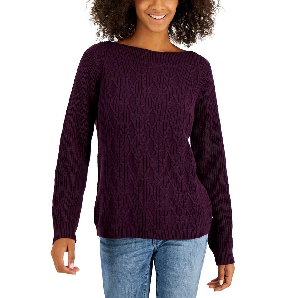 Women's Cotton Boat-Neck Cable Knit Sweater商品第1张图片规格展示