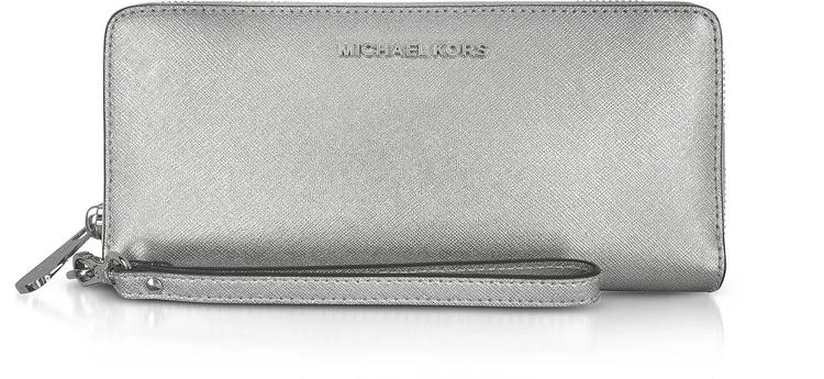 商品Michael Kors|Michael Kors Jet Set Travel Large Silver Metallic Leather Continental Wallet,价格¥987,第1张图片