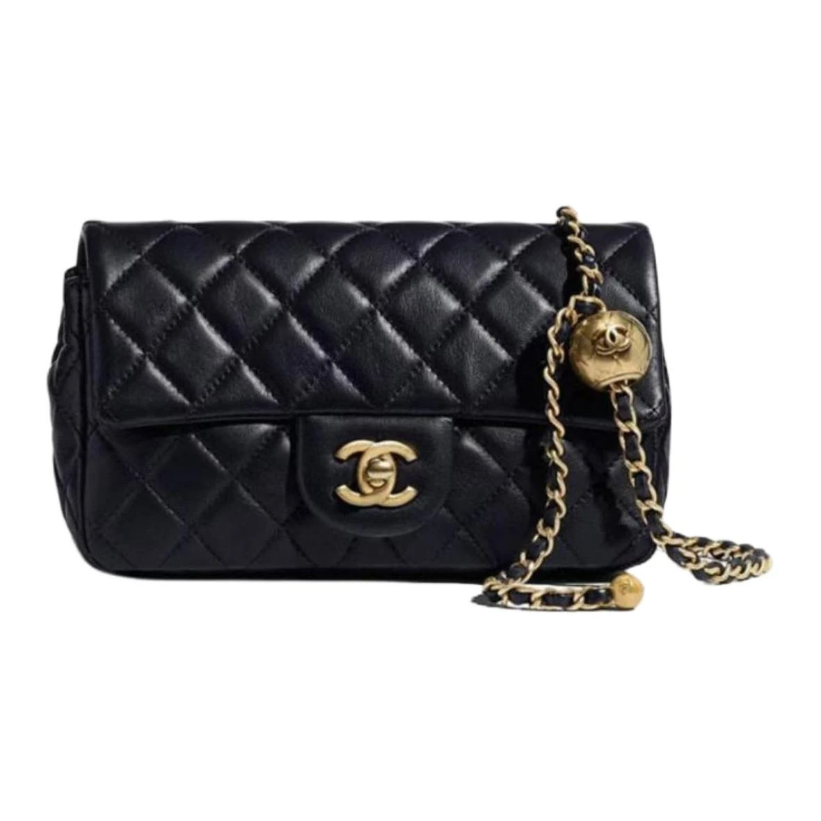 商品[国内直发] Chanel|香奈儿 Classic Flap CF 24K 小金球经典菱格纹绗缝链条金扣肩带可自行调节 羊皮 口盖包斜挎单肩包 女款 黑色,价格¥56442,第1张图片