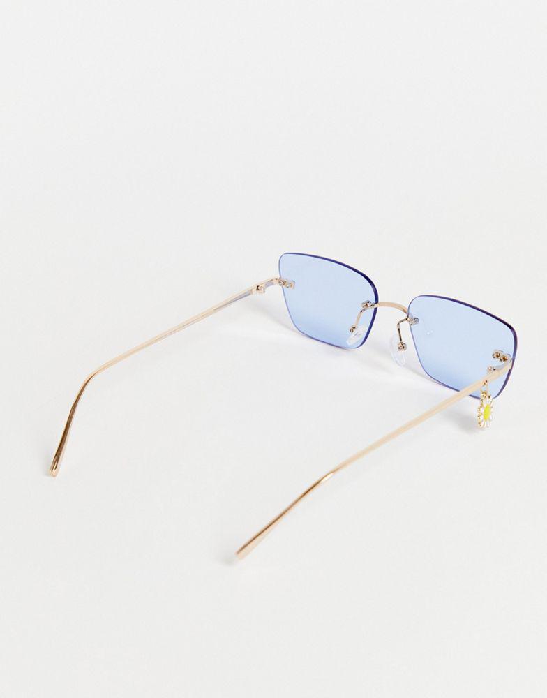 商品ASOS|ASOS DESIGN rimless rectangle sunglasses with flower charm in blue,价格¥104,第4张图片详细描述