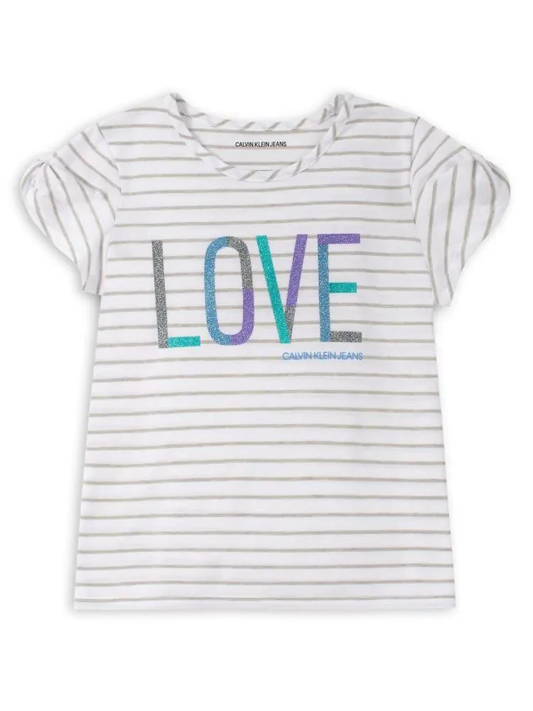 商品Calvin Klein|Girl's Glitter Graphic Striped Tee,价格¥51,第2张图片详细描述