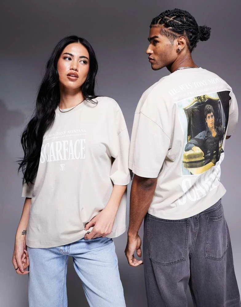 商品ASOS|ASOS DESIGN unisex oversized license t-shirt with Scarface prints in washed beige,价格¥247,第1张图片