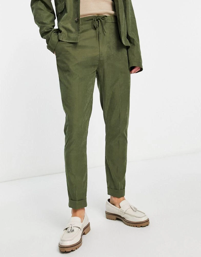 商品ASOS|ASOS DESIGN tapered jogger waist commuter suit trousers in khaki faux suede,价格¥227,第3张图片详细描述