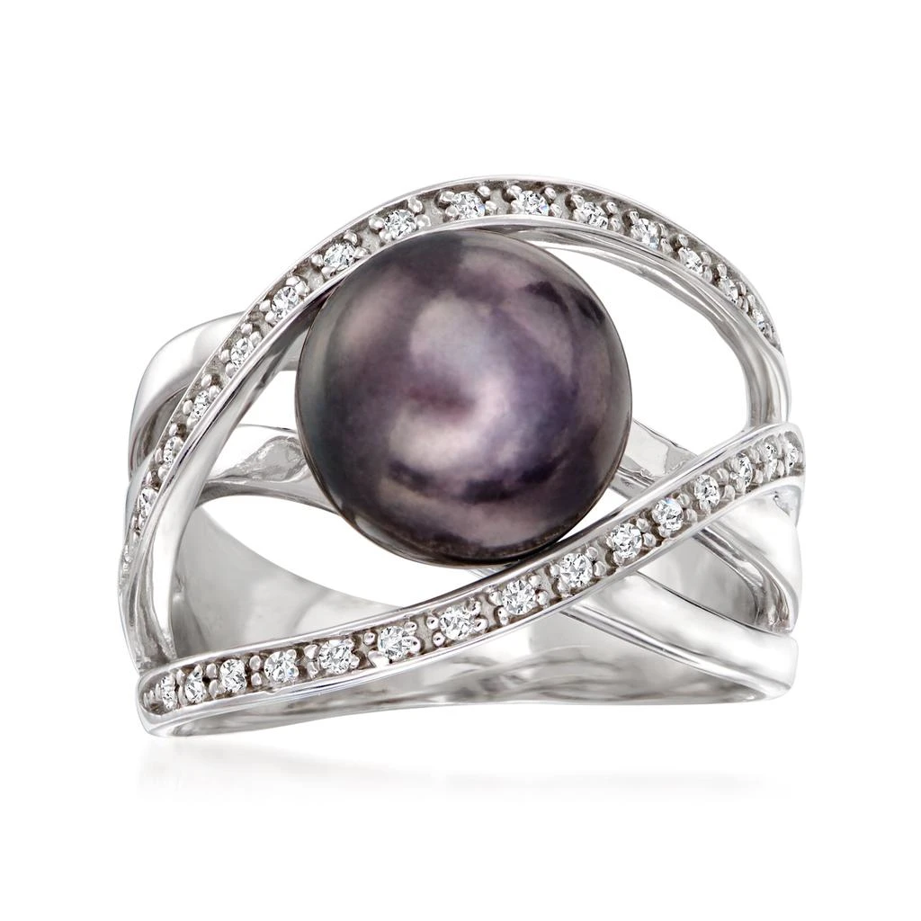 商品Ross-Simons|10mm Black Cultured Pearl and . White Zircon Highway Ring in Sterling Silver,价格¥716,第1张图片