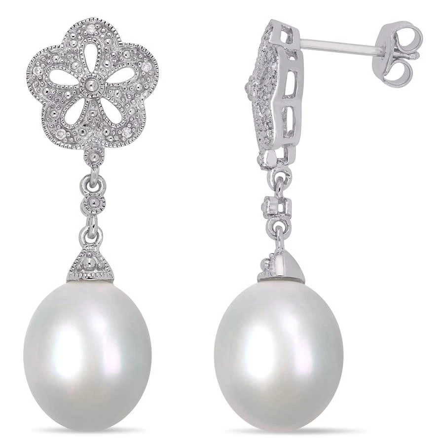 商品Amour|White Cultured Freshwater Pearl and Diamond Vintage Drop Earrings In Sterling Silver,价格¥891,第1张图片