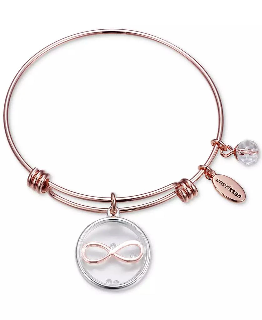 商品Unwritten|Infinity Glass Shaker Charm Adjustable Bangle Bracelet in Rose Gold-Tone Stainless Steel with Silver Plated Charms,价格¥409,第1张图片