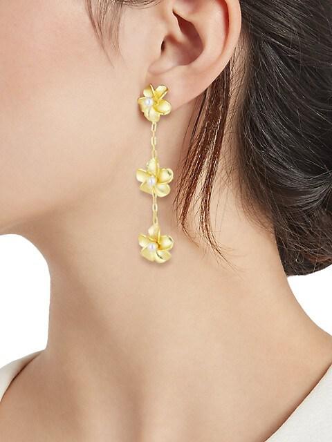 22K-Gold-Plated & 2.5MM Cultured Pearl Flower Drop Earrings商品第2张图片规格展示
