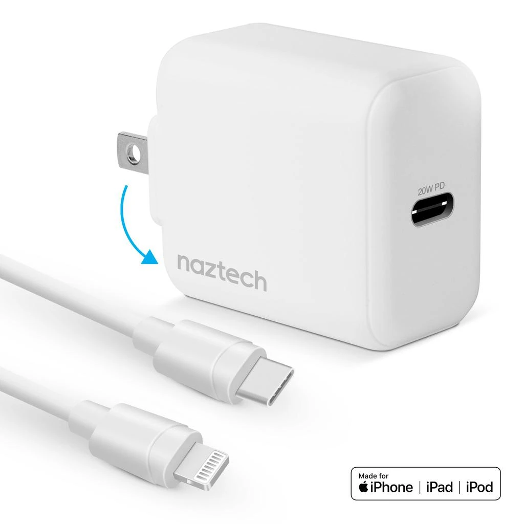 商品Naztech|20W PD Wall Charger + USB-C to Lightning 4ft Cbl WHT,价格¥310,第1张图片