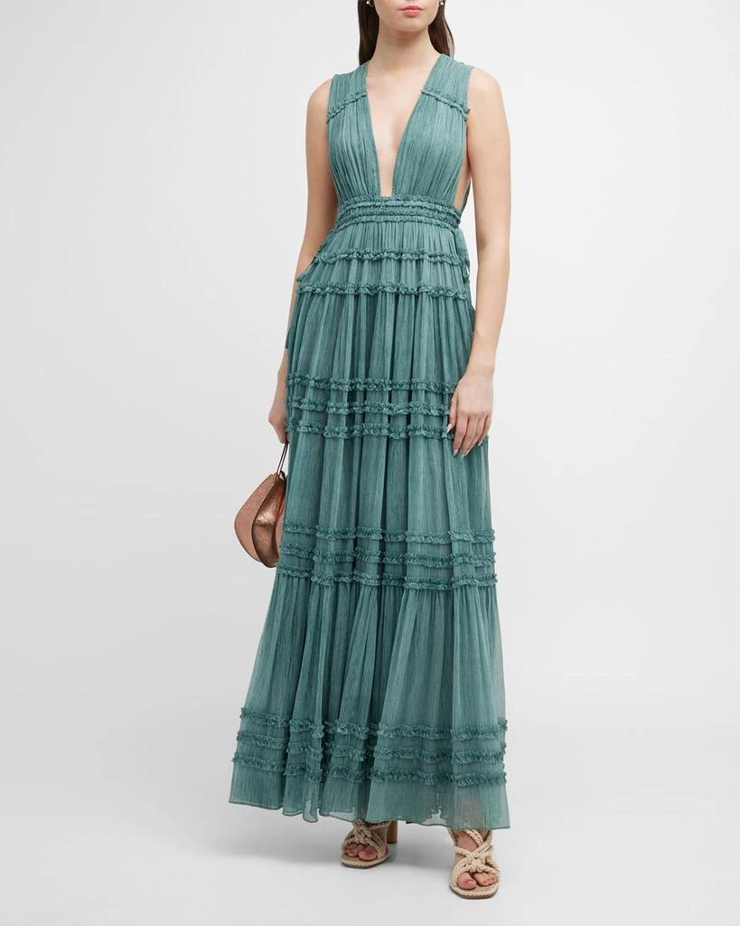 商品Ulla Johnson|Fiona Plunge Tiered Ruffle Silk Gown,价格¥3791,第1张图片