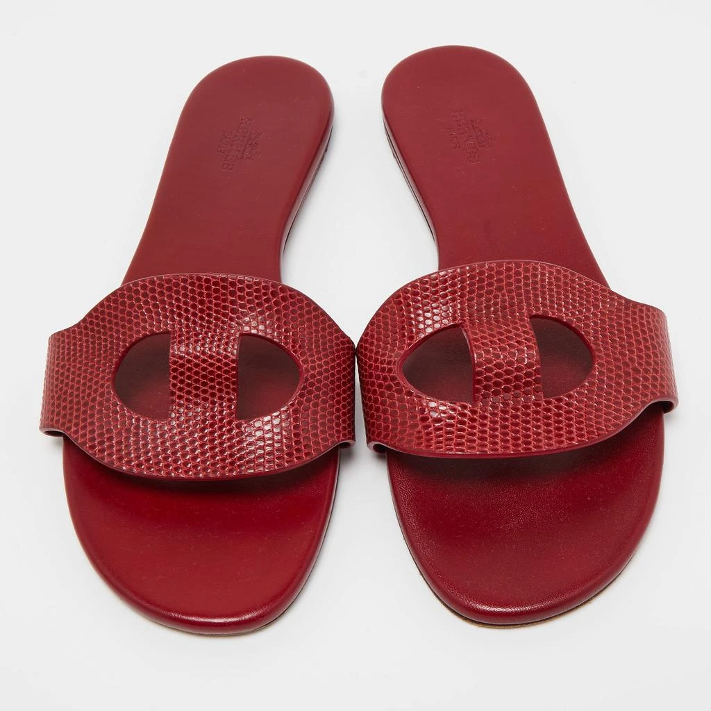 商品[二手商品] Hermes|Hermes Dark Red Lizard Lisboa Flat Slides Size 38,价格¥3529,第3张图片详细描述
