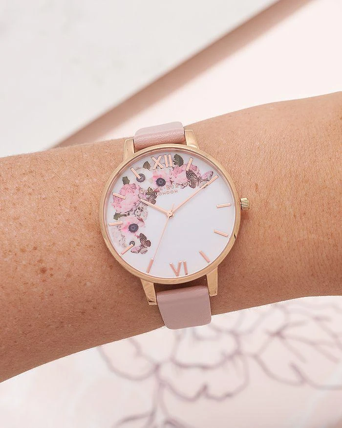 商品Olivia Burton|Signature Florals Dusty Pink Leather Strap Watch & 3D Butterfly Stud Earrings Gift Set, 38mm,价格¥936,第2张图片详细描述