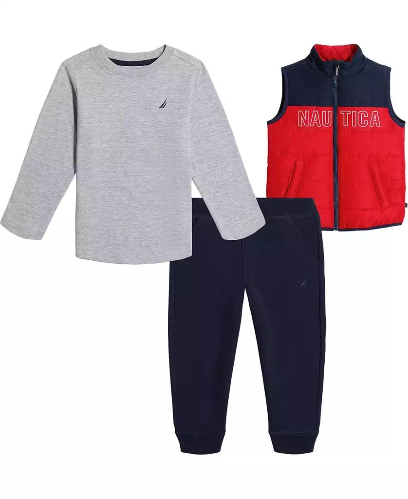 商品Nautica|Baby Boys Long Sleeve Heather T-shirt, Colorblock Puffer Vest and Fleece Joggers, 3 Piece Set,价格¥219,第1张图片