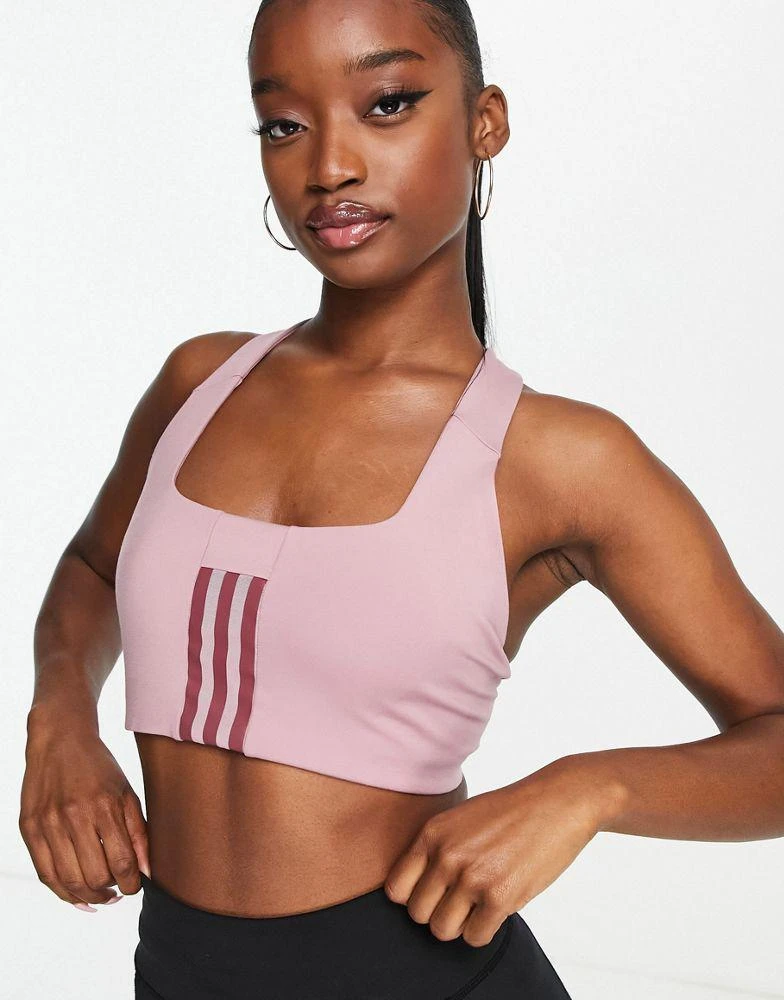 商品Adidas|adidas Training 3 Stripe design mid-support sports bra in dark pink,价格¥165,第2张图片详细描述