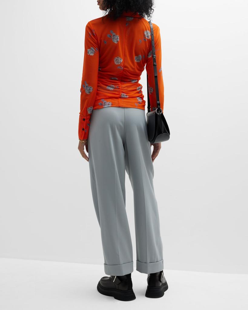 Ruched Button-Front Floral Mesh Shirt商品第4张图片规格展示