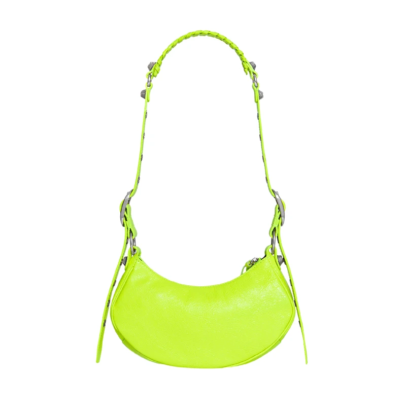 Balenciaga/巴黎世家 LE CAGOLE系列 女士超小号荧光绿色牛皮革鳄鱼压纹爱心镜子做旧银扣肩背手提腋下包 6713091VGUY7206 商品